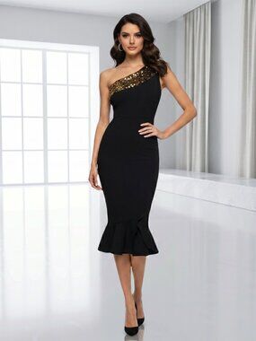 Adyce One Shoulder Black Bandage Dress Gold Sequin Mermaid Hem – Size XS